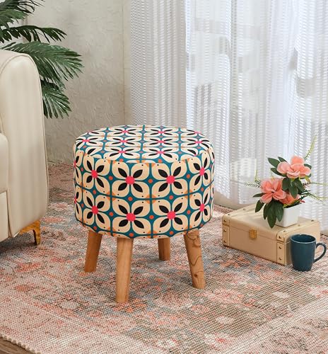 Image of NACIA Printed Ottoman Stool Set of 2 | Soft Cushioned Velvet Pouf Footrest with Wooden Legs | Decorative Seating Stool for Bedroom Living Room Home & Office (16x16x17 Inch, Boho Chic)