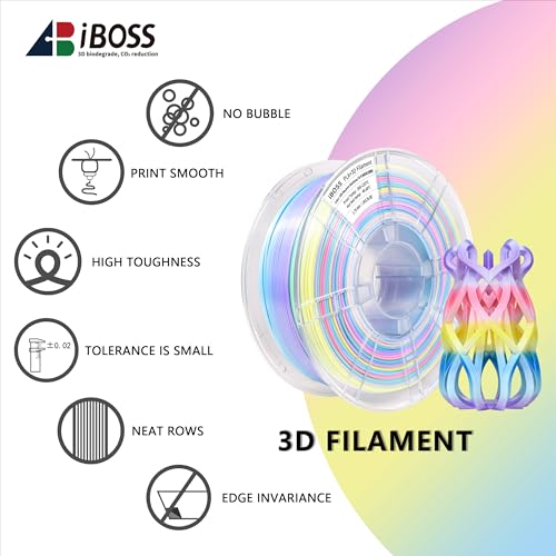 Image of iBOSS Silk Rainbow PLA+ Filament, Multicolor Silk 3D Printer Filament 1.75mm + /- 0.02mm, Fast Color Change Each 8 Meters, 1kg /2.2lbs, Silk Macaron Rainbow Filament
