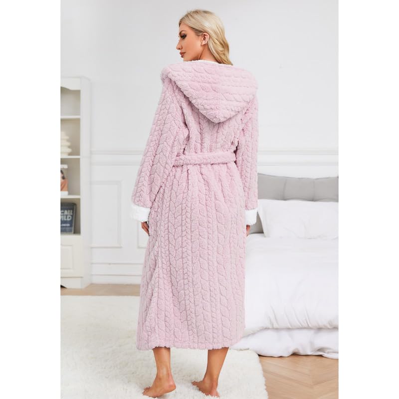 LYCY Womens Plush Hooded Robe, Soft Fluffy Womens Fleece Robe Long Warm Bathrobes for Women3