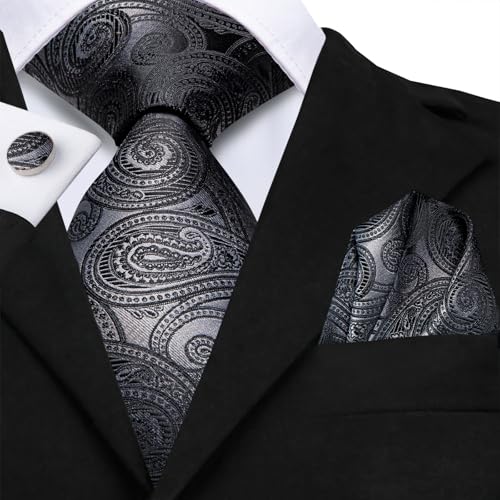 Image of Hi-Tie Paisley Floral Ties Set for Men Silk Mens Stripes Necktie Pocket Square Cufflinks Set Formal Business