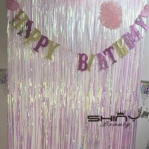 ShiDianYi Tinsel Foil Fringe-Curtain-3FTX8FT-MultiColor White Metallic Door Window Backdrops/Curtain Party Decoration (Iridescent White)