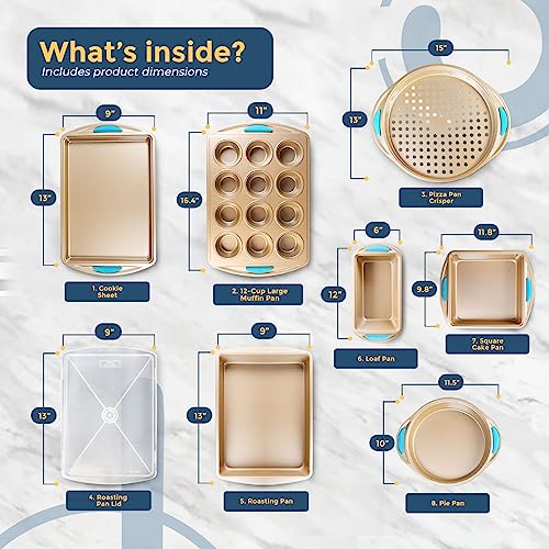 Perlli-Baking-Pan-8-Piece-Set-Nonstick-Gold-Carbon-Steel-Oven-Bakeware-Kitchen-Set-with-Silicone-Handles-Cookie-Sheet-Roasting-Pan-Lid-Square-Pan-Pie-Pan-Loaf-Pan-Pizza-Crisper-Muffin-Pan Perlli Baking Pan 8 Piece Set Nonstick Gold Carbon Steel Oven Bakeware Kitchen Set with Silicone Handles Cookie Sheet Roasting Pan Lid Square Pan Pie Pan Loaf Pan Pizza Crisper Muffin Pan