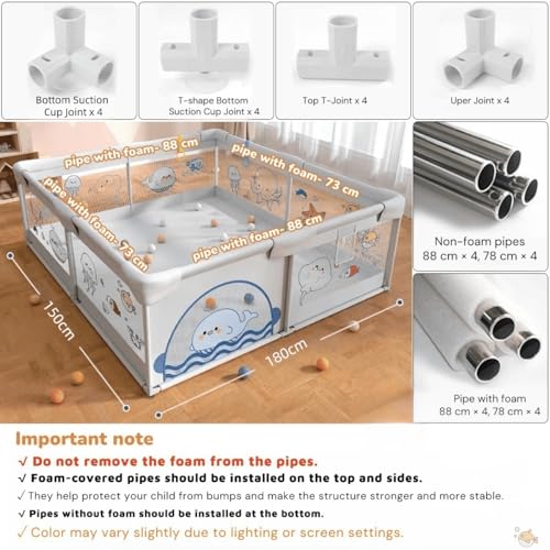 Image of 150x180 cm Playard with Ocean Balls and Anti-Fall Grasp Rings, Large Playpen for Baby up to 5 Years with Safety Lock (NO Mat /Cushion, Non-Foldable) - Grey