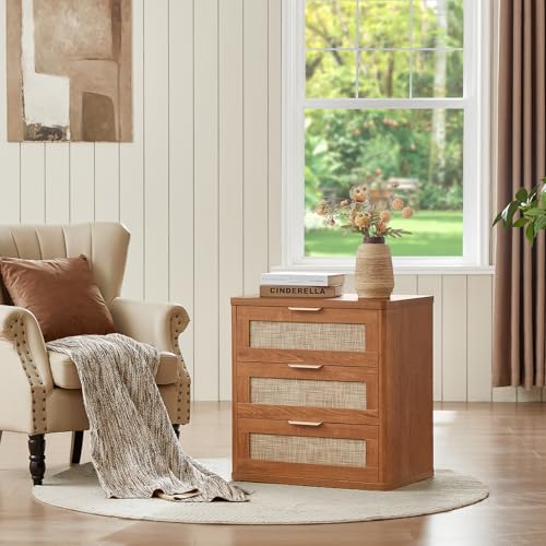 Image of LEYAOYAO Rattan 23 inch Nightstands with Drawers for Bedroom | Gold Metal Handle, Storage Shelf, Brown Night Stand, Boho Bedside Table, Bed Side End Tables Living Room, Hallway