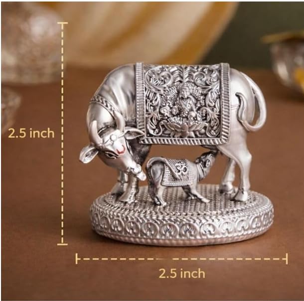 Image of KYAT 999 Pure Silver Plated Kamdhenu Cow with Calf Idol | 2.5 Inch Vastu Showpiece for Pooja Room & Mandir | Symbol of Prosperity & Wealth | Diwali Griha Pravesh Gift