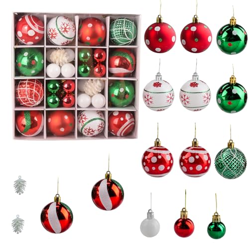 Aupawdy Kerstballen, set van 42 stuks, van kunststof, voor binnen en buiten, rood-groen-wit (6 cm en 3 cm)