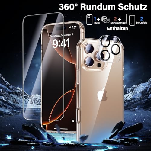 UniqueMe für iPhone 16 Pro Max Hülle - Handyhülle für iPhone 16 Pro Max Case, 5 in 1 Set Rundumschutz Schutzhülle Cover,1 Handyhülle & 2 Schutzfolie & 2 Kameraschutz - Transparent 3