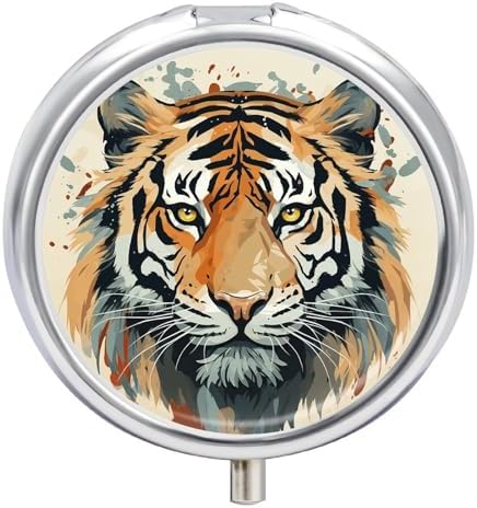 Hand Drawn Tiger Pill Case Portable Round Pill Boxes Moisture Proof Pill Organizer with 3 Compartment to Hold Vitamins Medication Fish Oil