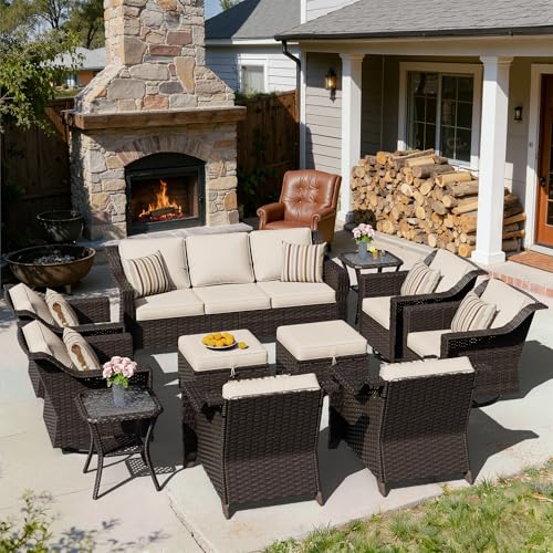 Image of 11 Piece Patio Furniture Set, Wicker Outdoor Conversation Set | Patio Chair Set with Olefin Removable Cushion, All-Weather Outdoor Couch with Deep Seat for Porch, Deck and Backyard, Beige