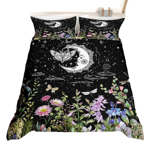 Ropa de cama bohemio de sol y luna con funda de edredón de calavera polilla universo y estrellas