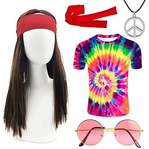 iZoeL 70er Kostüme 5tgl. Hippie T-Shirt Perücke Brille Peace Halskette Stirnband - Herren Damen 70er Jahre Bekleidung Karneval Fasching Fastnacht Cover