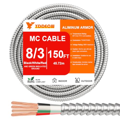 Image of 150FT 8 /3 Metal Clad (MC) Cable with Ground, 8 Gauge Electric Wire with Aluminum Armor, Solid Bare Copper Conductors for Indoor Outdoor Underground Embedded Installation (8 /3, 150 ft)