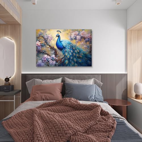 Lyunshuo Peacock Canvas Wall Art Abstract Flowers Picture Print Bird On Branch Painting Retro Artwork For For Home Living Room Bedroom Bathroom Decor Framed thumb #1