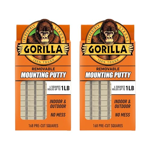 Gorilla Mounting Putty, Natural Tan Color, 168 Pre-Cut Squares (Pack of 2) - Non-Toxic Removable & Repositionable Wall Putty