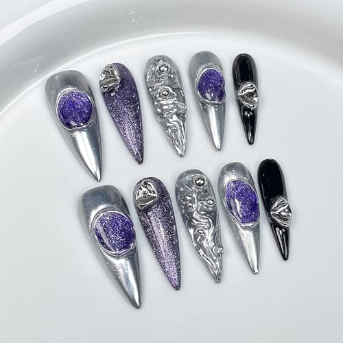 FRUJCDKI Medium Press on Nails-Handmade False Nails 10PCS with Butterflie, Star Metal Emboss, Macaron Color, Summer Freshness, Cat Eye Fake Nail Set with Nail Glue for Women and Girl (Purple, XS)