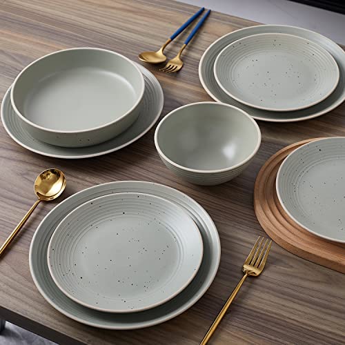 Image of Stone Lain Lauren Stoneware, Rustic Plates and Bowls Set, Dinnerware, Service for 4, Speckled Green, Dishwasher & Microwave Safe, 16-Piece