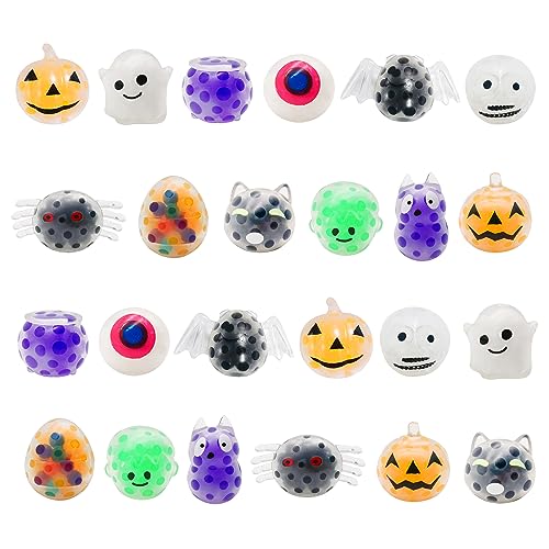 24 Pack Halloween Mini Stress Balls Toy for Kids Girls Boys, Squishy Squeeze Toys Stress Reliever Anxiety Packs for Kid Party Favors,Halloween Miniatures,Halloween Party Decorations (Halloween)