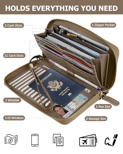 Image of Large Wallet for Women, Clutch Wallet with Passport Holder | RFID Wallet for Women, Zipper Clutch Purse, Passport Holder for Travel, Multiple Card Slots, Phone Pocket, Wristlet Strap