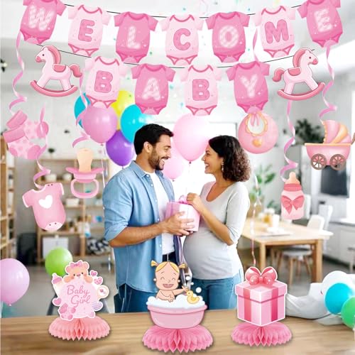 Image of Baby Shower Decorations for Girl- Baby Shower Banner Pink Paper Welcome Baby Banner Welcome Baby Sign