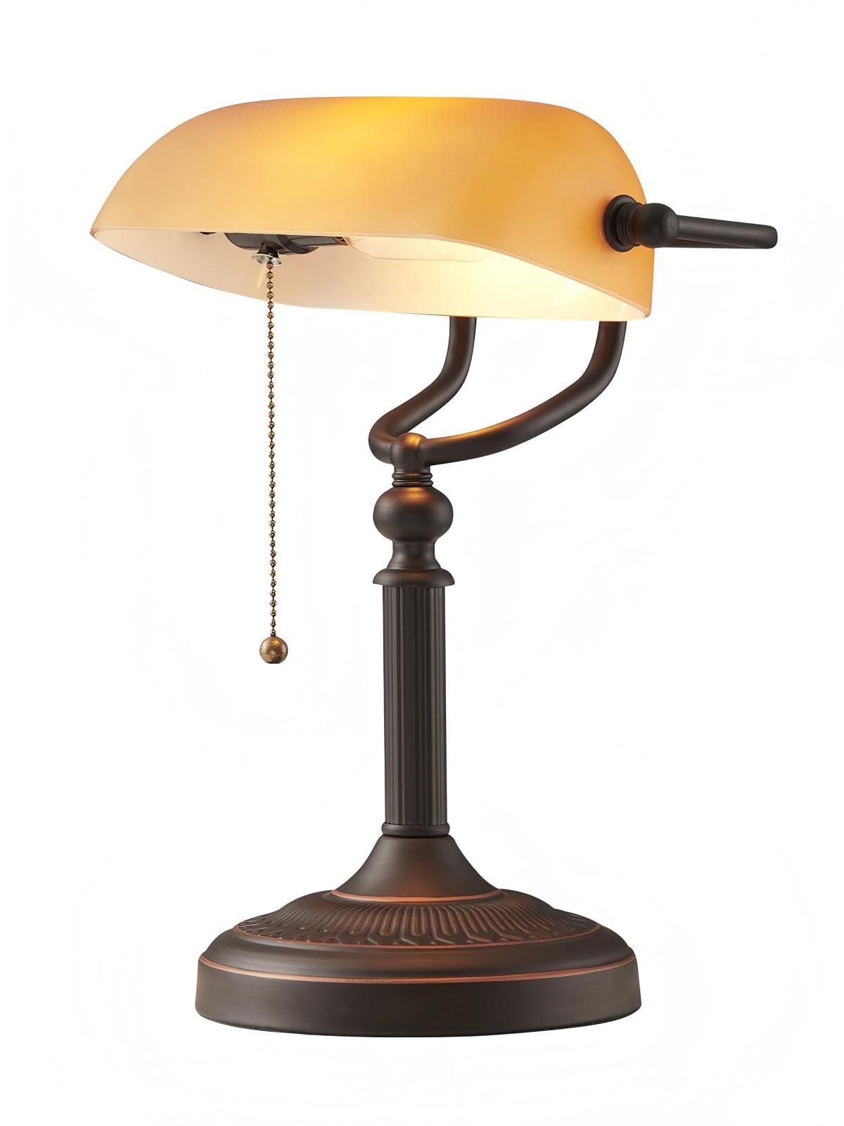 Lampada da scrivania da banchiere in vetro ambrato opaco | interruttore a catena per tirare