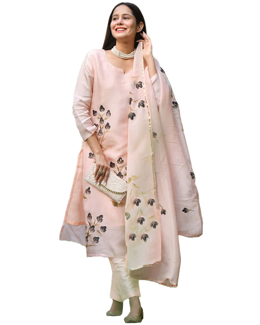 GoSriKi Women’s Cotton Blend Straight Printed Kurta with Pant & Dupatta (Brush-Peach-GS)