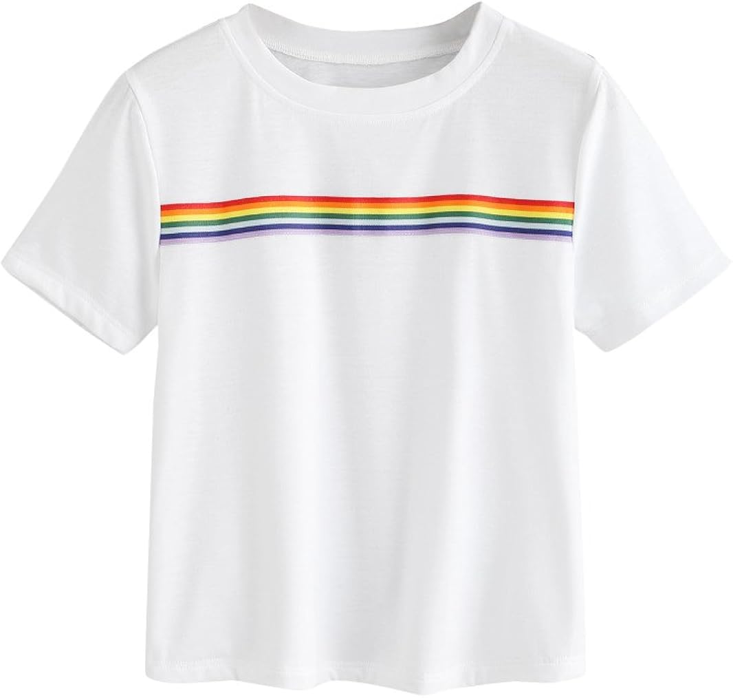 Romwe Women's Summer Rainbow Color Block Striped Crop Top School Girl Teen Tshirts