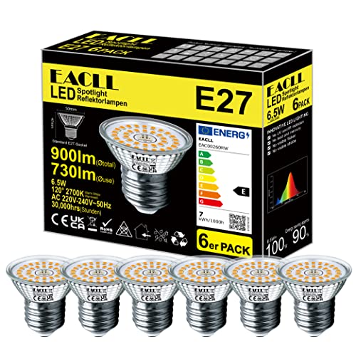 EACLL Ampoules LED E27 Blanc Chaud 6.5W Équivalent Incandescence Halogène 100W, Lot de 6. 730lm...