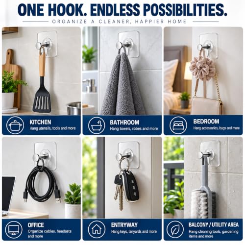 Image of Zista Self Adhesive Wall Hooks Heavy Duty, Pack of 10 | Transparent Sticky Hooks with Stainless Steel Hanger | Waterproof No Drill No Nail Hooks for Bathroom, Kitchen, Home & Office