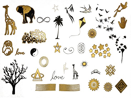 Terra Tattoos Gold Black Metallic Temporary Tats 125+ Small Designs Angel Wings, Tiny Animals, Hearts, Trees Waterproof Nontoxic Lasting Perfect For Beach, Festivals, & More! #TOP7