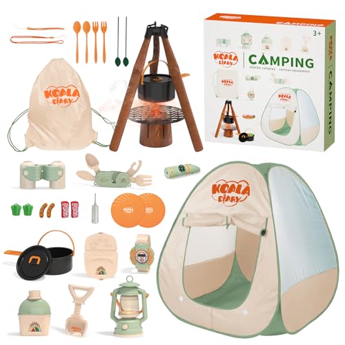 Image of KOALA DIARY Kids Camping Set – an Indoor/Outdoor Pretend Play Adventure kit Featuring a Tent, Oil lamp, Stove, and More. Perfect for Ages 3+