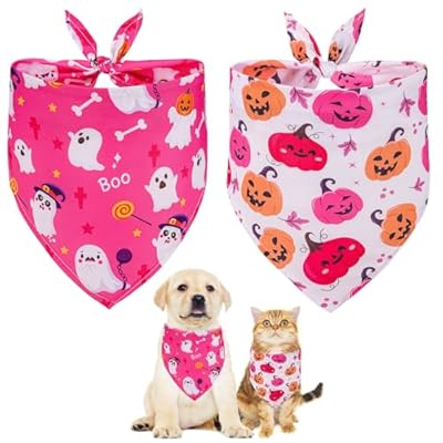 Beipegin - Bandanas para Perros Halloween Niña 2PCS Pañuelo Perro Rosa con Fantasma y Calabaza Pañuelo Ajustable para Mascotas Mascotas