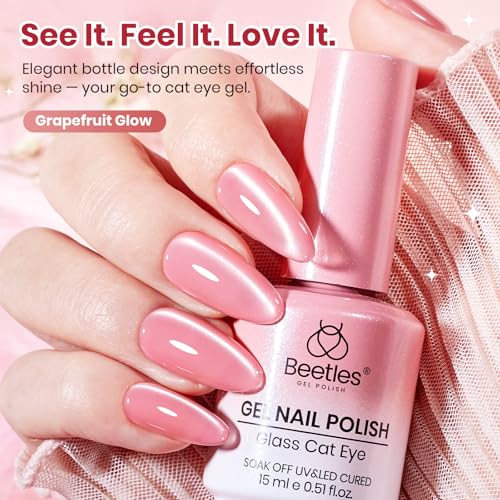 Image of Beetles Grapefruit Glow Pink Cat Eye Gel Nail Polish - 15ML Full Size Spring Gel Polish Glitter Pink Cat Eye Magnetic Translucent Glassy Effect Soak Off UV French Nail Art Design DIY Manicure Gifts
