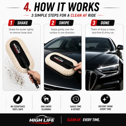 Image of HIGH LIFE Premium Microfiber Car Duster | Ultra Soft Scratch-Free Car Cleaning Brush | Washable Reusable Dust Remover for Car, Bike & SUV | Waterless Cleaning for Dashboard, Glass, Interior & Exterior