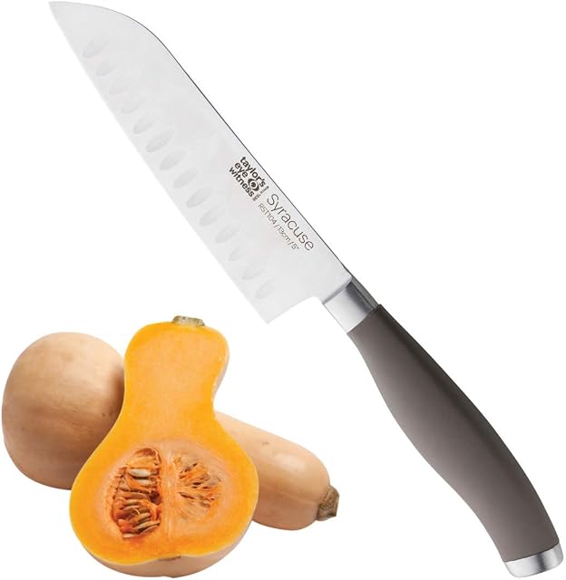Taylors Eye Witness Syracuse Oriental Santoku Kitchen Knife - Professional 13cm/5 Inch Cutting Edge, Multi Use. Ultra Fine Dimpled, Razor Sharp Blade. Soft Textured Grey Handle, Excellent Grip.