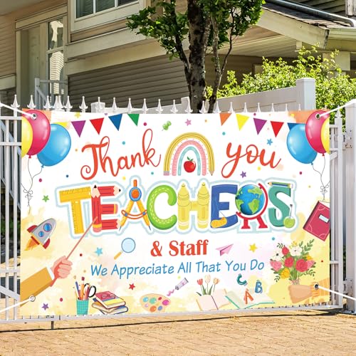 Image of Happy Teacher Day Banner Teacher Appreciation Week Decorations Flag Outdoor 71x44 Inch School Classroom Backdrop,Thank You Teacher Gifts for Indoor Home Party Supplies,Yard Sign Photography Background