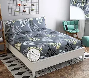 LOOMLYFE Cotton Feel Glace Cotton Elastic Fitted Printed Queen Size Double Bed Bedsheet with 2 Pillow Covers Fits Upto 8 inches Mattress,Size- 60x78x10 Inches,Grey Leaves