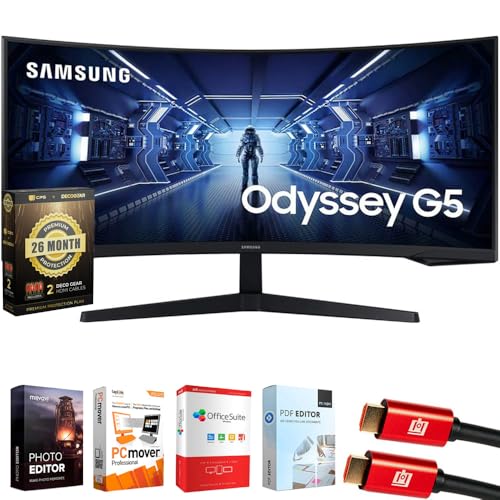 Image of Samsung 34 inch Odyssey G55T WQHD 165Hz 1ms(MPRT) HDR Curved Gaming Monitor Bundle with Elite Suite 18, 2X HDMI Cable and Deco Gear CPS Exclusive 26 Month Protection Pack (Beach-CPS- 26M500)