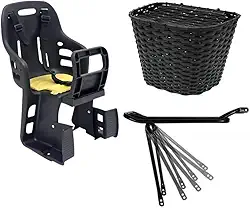 Kit Cadeirinha Infantil Traseira Bicicleta Bike + Bagageiro Garupa Suporte Articulado + Cesta C Tampa Grande Nylon Preta