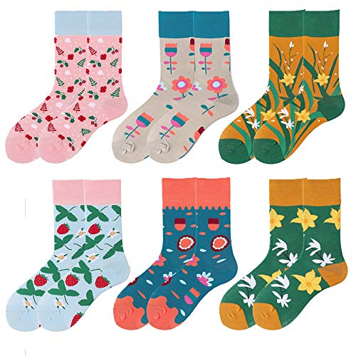 Colorful Patterned Cotton Socks for Women Casual Crew Socks Gift Packs Women's Crew Floral Socks Funny Animal Flower Design Socks Mini Flower Womens Trouser Socks Lady Cute High Socks Crazy Socks