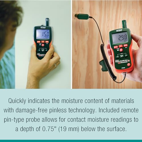 Image of Extech MO290 Pinless Moisture Psychrometer with IR Thermometer | 8-in-1: pin /pinless moisture, humidity, dew point, vapor pressure, IR 8:1 ratio, alarms, remote pin probe