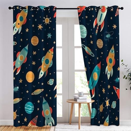 Kids Space Blackout Curtains, Rocket Curtains for Bedroom Living Room, 108 Inch Drop Drapes, Eyelet Thermal Curtains, Window Treatments, 2 Panels - Image 3