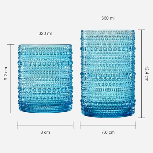 Image of Khen Hobnail Beaded Highball Drinking Tumbler Glasses | Set of 12 | Color, Vintage Bubble Design Whiskey Glassware, Old-Fashioned, Embossed Design for Water, Wine, Cocktail Embossed, Rocks Glass