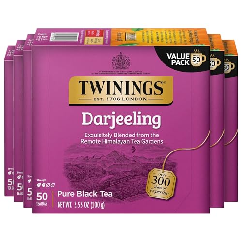 Twinings Darjeeling Black Tea Individually Wrapped Bags, 50 Count (Pack of 6), Delicate Light Taste, Caffeinated, Enjoy Hot or Iced, 300 Teabags
