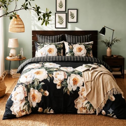 Image of Digitally Printed with Reactive Ink Tech | 300 TC 100% Organic Cotton Queen Premium Bedsheet Set | Ultra-Soft Satin-Like Finish | Floral Midnight Bloom