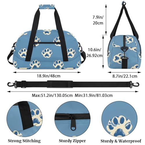 Blue Dog Paw Pattern Gym Travel Duffle Bag for Boys - Gymnastics Sports Dance Bag with Front Zipper Pocket for School Practice or Overnight Travel Weekender Sleepover Tote Bag Dog Print3