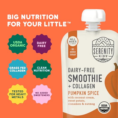 Image of Serenity Kids Organic Pumpkin Smoothie Pouches, 5g Protein, 3.5 Oz, 6 Pack | More Filling Snack Time, No Added Sugar, Organic Baby Food Pouches, Toddler Snacks, Baby Puree, Toddler Food Pouches,