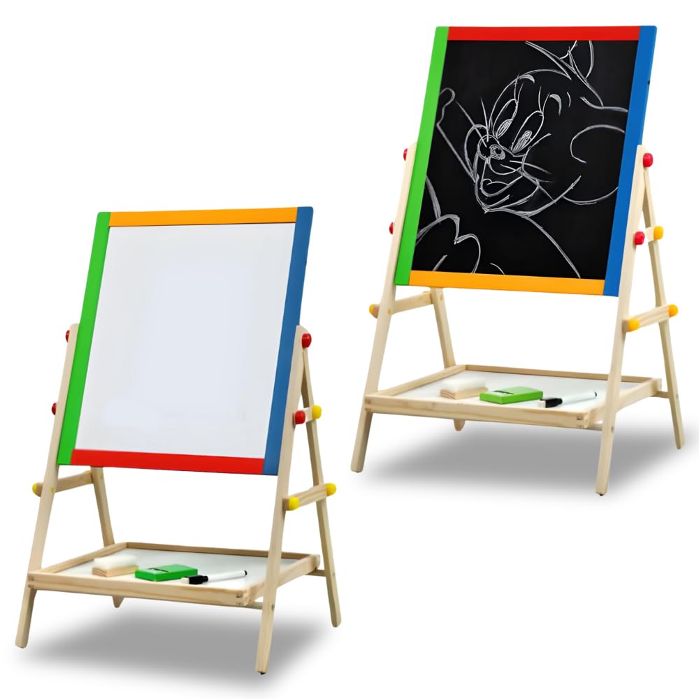 BONAFIDE 2 in 1 Quality Wooden Art Easel, Double Sided Height Adjustable Whiteboard & Blackboard for Kids Easel, Fun Play Educational Activity Learning for Kids