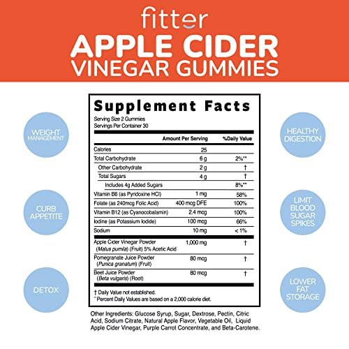 Fitter Apple Cider Vinegar Gummies Vitamins For Weight Loss, Calorie Crushing - Overall Fitness - 60 Count - Keto, Vegan, Gelatin-Free, Gluten-Free, Non-Gmo And No Harmful Ingredients. #TOP1