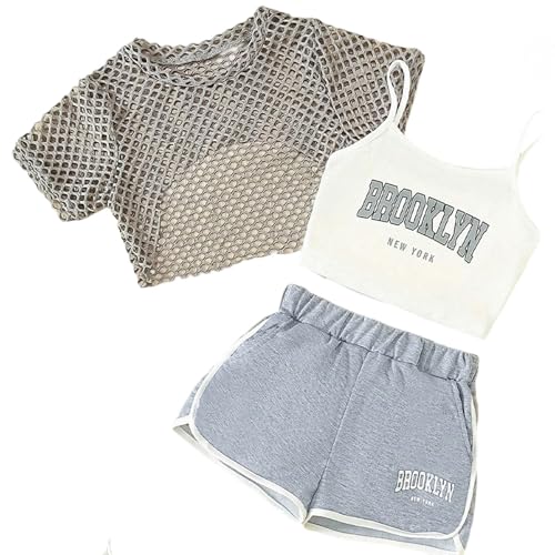 Conjuntos de niñas, juego de 3 piezas, linda camiseta sin mangas con estampado de letras, camiseta de manga corta de malla y pantalones cortos, conjunto de verano informal para niños pequeños, gris, 9
