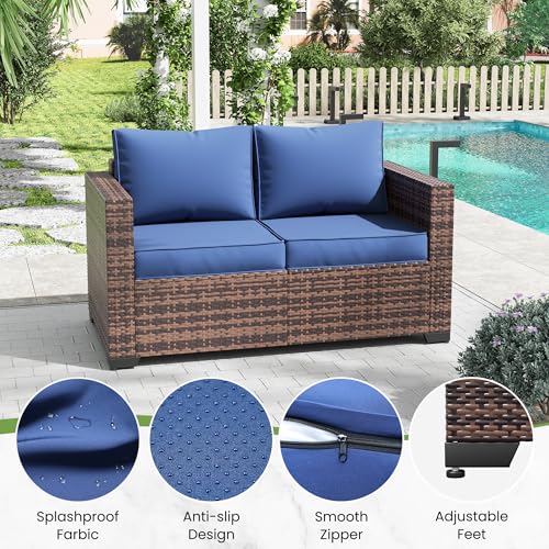 Image of Amopatio Outdoor loveseat Furniture 2-Seat Wicker Patio Love seat, Small Patio loveseat with Water-Resistant Cover & Non-Slip Cushions, Premium Patio Set, Blue